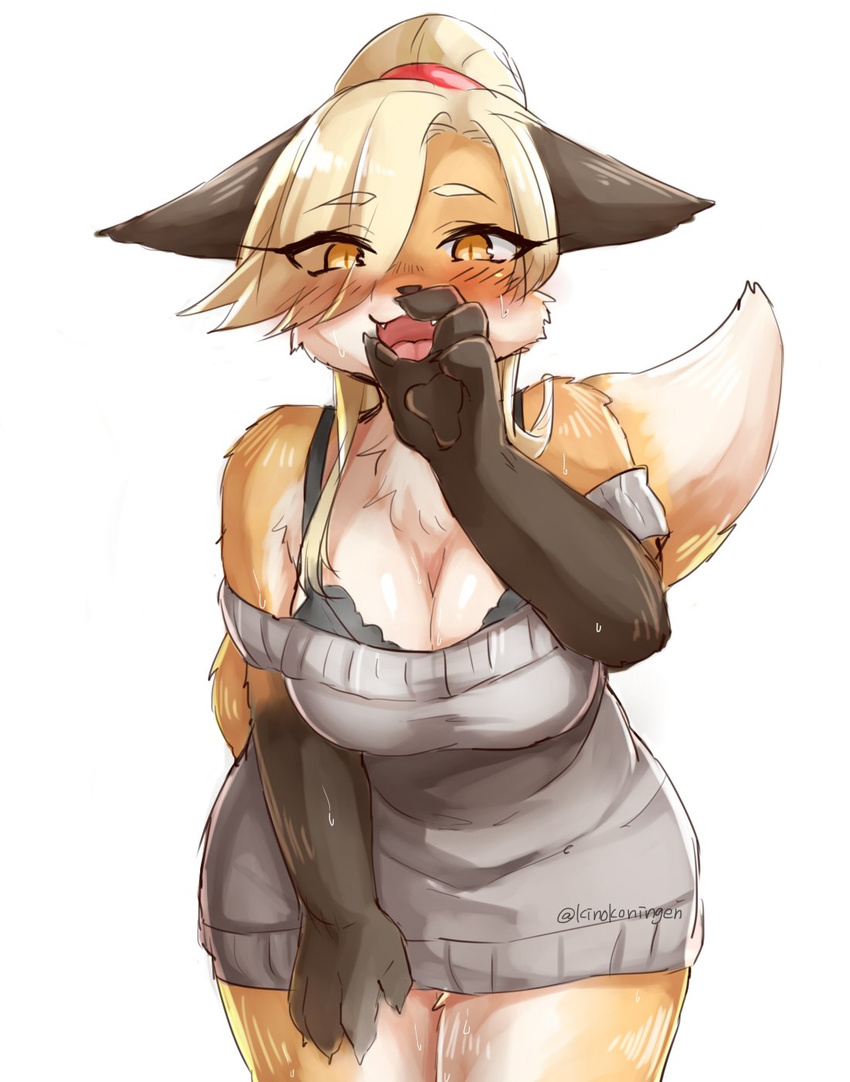 anthro big_breasts blonde_hair bra breasts canine cleavage clothed clothing eyelashes fangs fellatio_gesture fox hair kinokoningen mammal off_shoulder open_mouth orange_eyes pawpads simple_background sweater underwear white_background