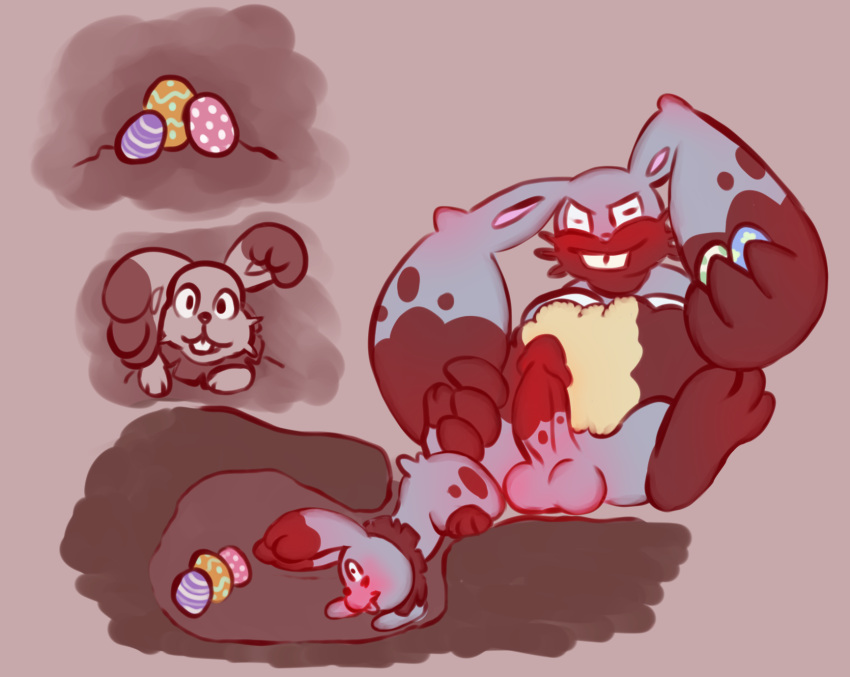 blush buckteeth bunnelby diggersby digging duo easter easter_egg feral floofyskydraws generation_6_pokemon genitals hi_res holding_object holidays lagomorph leporid male mammal markings nintendo penis pokemon pokemon_(species) pulling_leg rabbit teeth tunnel