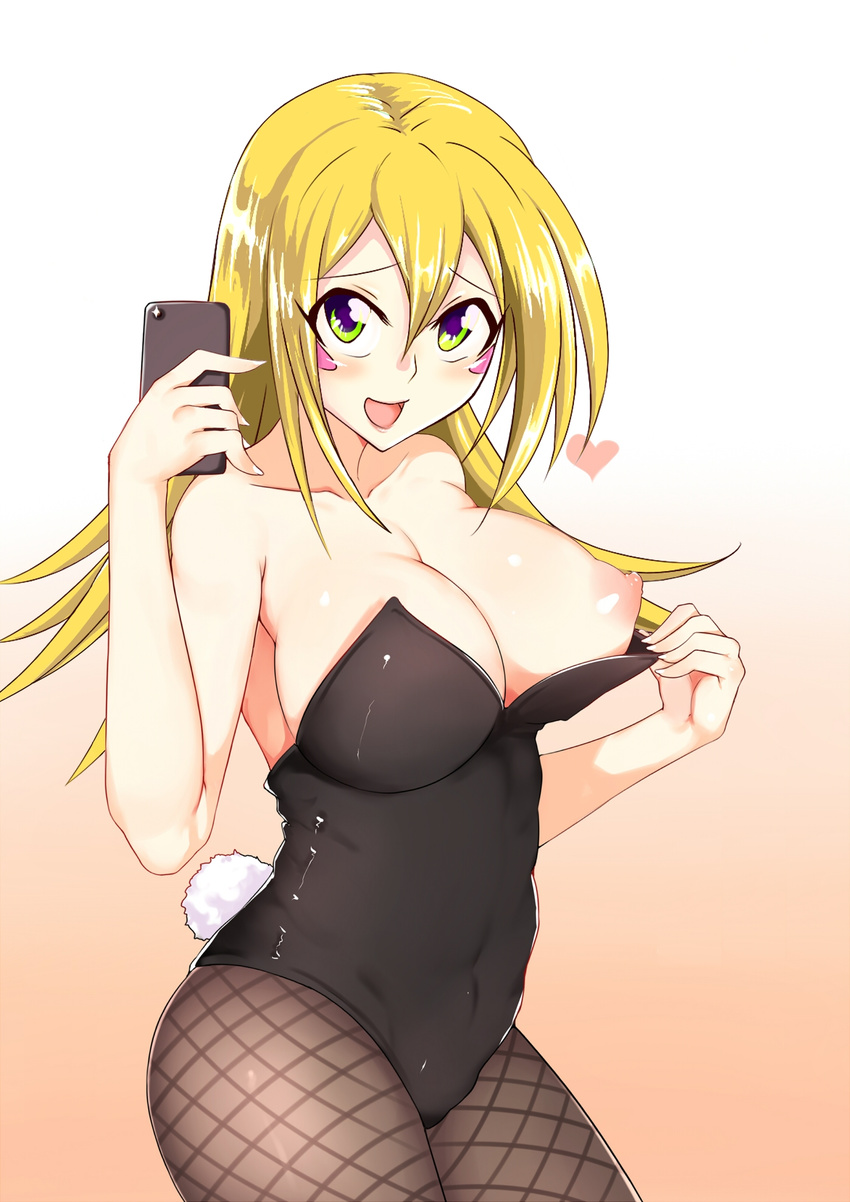 bad_id bad_pixiv_id bare_shoulders blonde_hair blush blush_stickers breasts bunny_tail cellphone cleavage covered_navel dark_magician_girl duel_monster green_eyes highres large_breasts long_hair nipples open_mouth pantyhose phone tail yaminokonjiki1 yuu-gi-ou yuu-gi-ou_duel_monsters