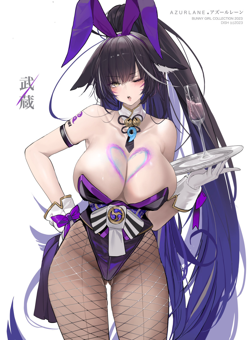 1girl absurdres adapted_costume alternate_costume animal_ears azur_lane bare_shoulders black_hair blush breasts brown_eyes chinese_zodiac cleavage collarbone cup detached_collar dishwasher1910 drinking_glass facial_mark fishnet_pantyhose fishnets fox_ears fox_girl gloves gradient_hair heart highleg highleg_leotard highres large_breasts leotard long_hair looking_at_viewer magatama multicolored_hair musashi_(azur_lane) one_eye_closed open_mouth pantyhose playboy_bunny ponytail purple_hair purple_leotard rabbit_ears simple_background solo thighs tray very_long_hair white_background white_gloves year_of_the_rabbit