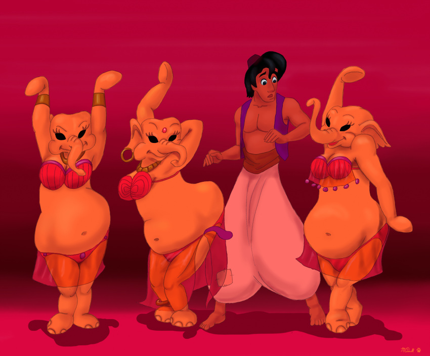 2016 5_fingers absurd_res aladdin_(disney) anthro bare_chest barefoot belly_dancer belly_dancer_outfit bindi blutaiger brown_body brown_skin clothed clothing crossover dark_body dark_skin digital_drawing_(artwork) digital_media_(artwork) disney disney's_aladdin dumbo_(movie) elephant elephantid eyebrows feet female fingers group hi_res human male mammal midriff mypaint navel orange_body orange_skin pink_elephant_(dumbo) pink_elephants_on_parade proboscidean proboscis_(anatomy) raised_eyebrow shadow signature trunk_(anatomy)