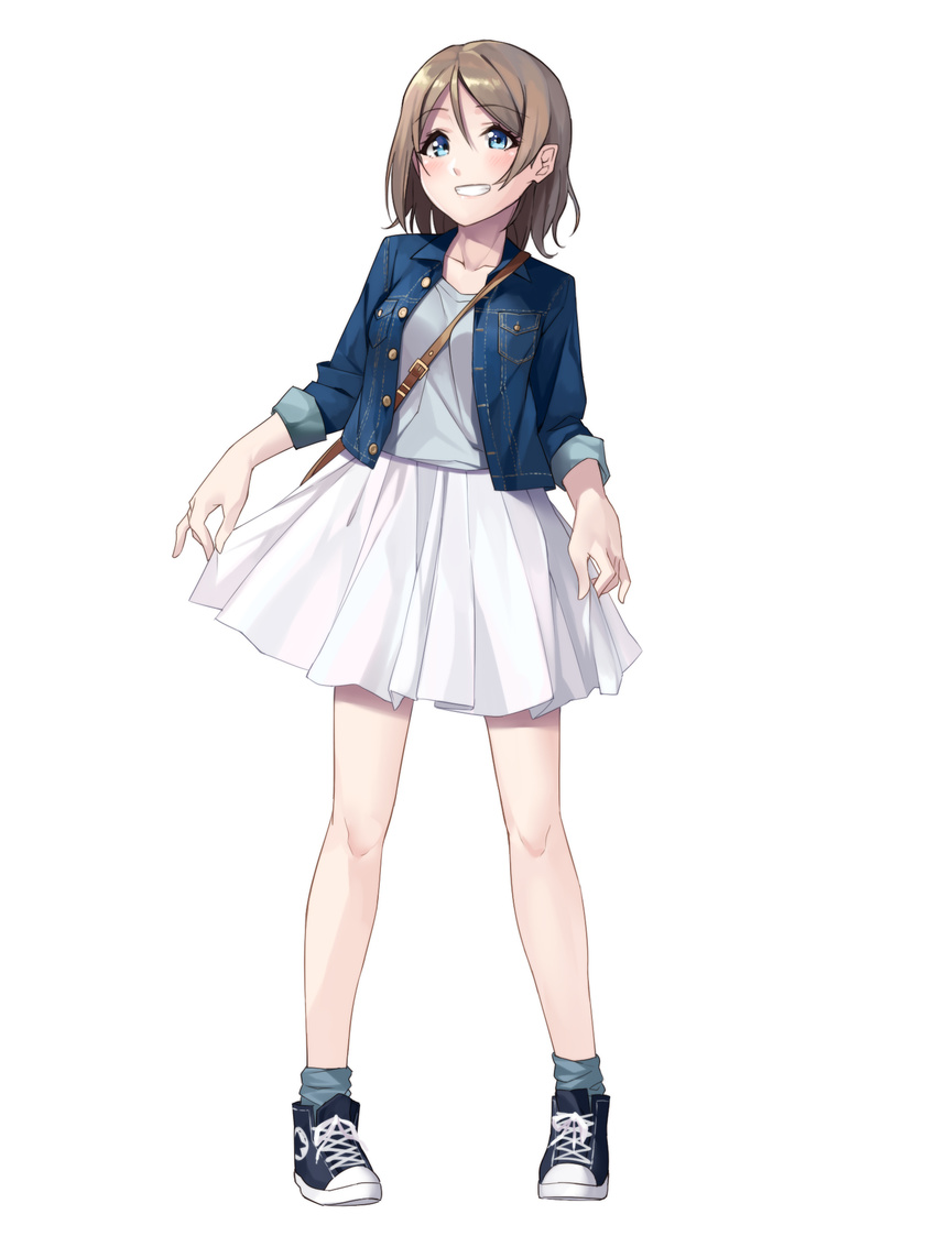 :d alternate_costume bag bare_legs between_breasts black_footwear blue_eyes blue_legwear blue_shirt blush breast_pocket breasts brown_hair casual denim denim_jacket eyebrows_visible_through_hair ginopi grin highres legs_apart long_sleeves looking_at_viewer love_live! love_live!_sunshine!! medium_breasts open_mouth pocket shiny shiny_hair shirt shoes short_hair simple_background skirt skirt_hold sleeves_pushed_up smile sneakers socks solo standing strap_cleavage tareme teeth watanabe_you white_background white_skirt