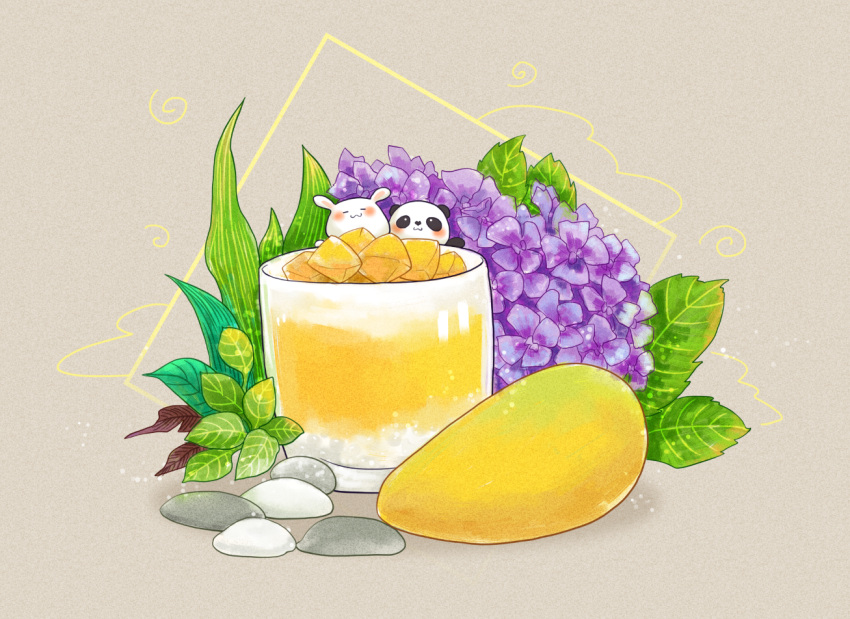 abaoyin drink flower food food_focus mango no_humans original painttool_sai_(medium) panda plant rabbit simple_background