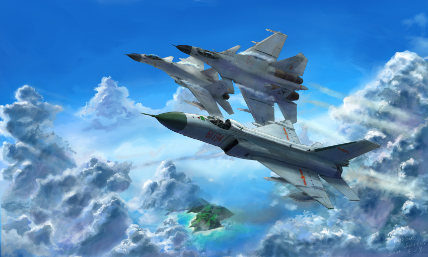 absurdres aircraft airplane chinese_commentary cloud cloudy_sky fighter_jet ground_effect highres impasto island j-15 j-8 jet military_vehicle no_humans ocean original people's_liberation_army people's_liberation_army_air_force red_star scenery sky star_(symbol) vehicle_focus zhannanren_bu_zhan