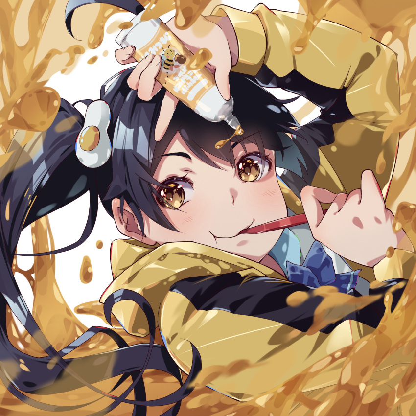 1girl :t araragi_karen arm_up black_hair brushing_teeth commentary egg_(food) egg_hair_ornament food food-themed_hair_ornament hair_ornament hatanana_(ag6uptphhal3frd) highres holding holding_toothbrush honey jacket long_hair long_sleeves looking_at_viewer monogatari_(series) side_ponytail smile solo toothbrush toothbrush_in_mouth track_jacket yellow_jacket