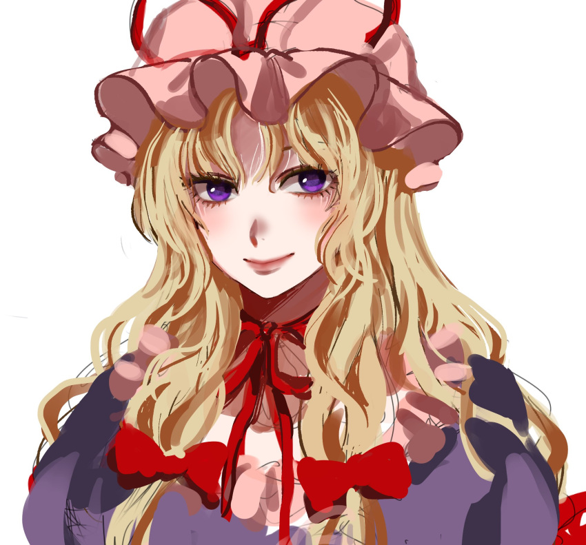 1girl blonde_hair bow closed_mouth commentary_request dress frills hair_between_eyes hair_bow hat hat_ribbon highres korean_commentary kuya_(hey36253625) lips long_hair looking_at_viewer mob_cap neck_ribbon pink_hat puffy_short_sleeves puffy_sleeves purple_dress purple_eyes red_bow red_ribbon ribbon short_sleeves sidelocks simple_background smile solo touhou upper_body wavy_hair white_background yakumo_yukari