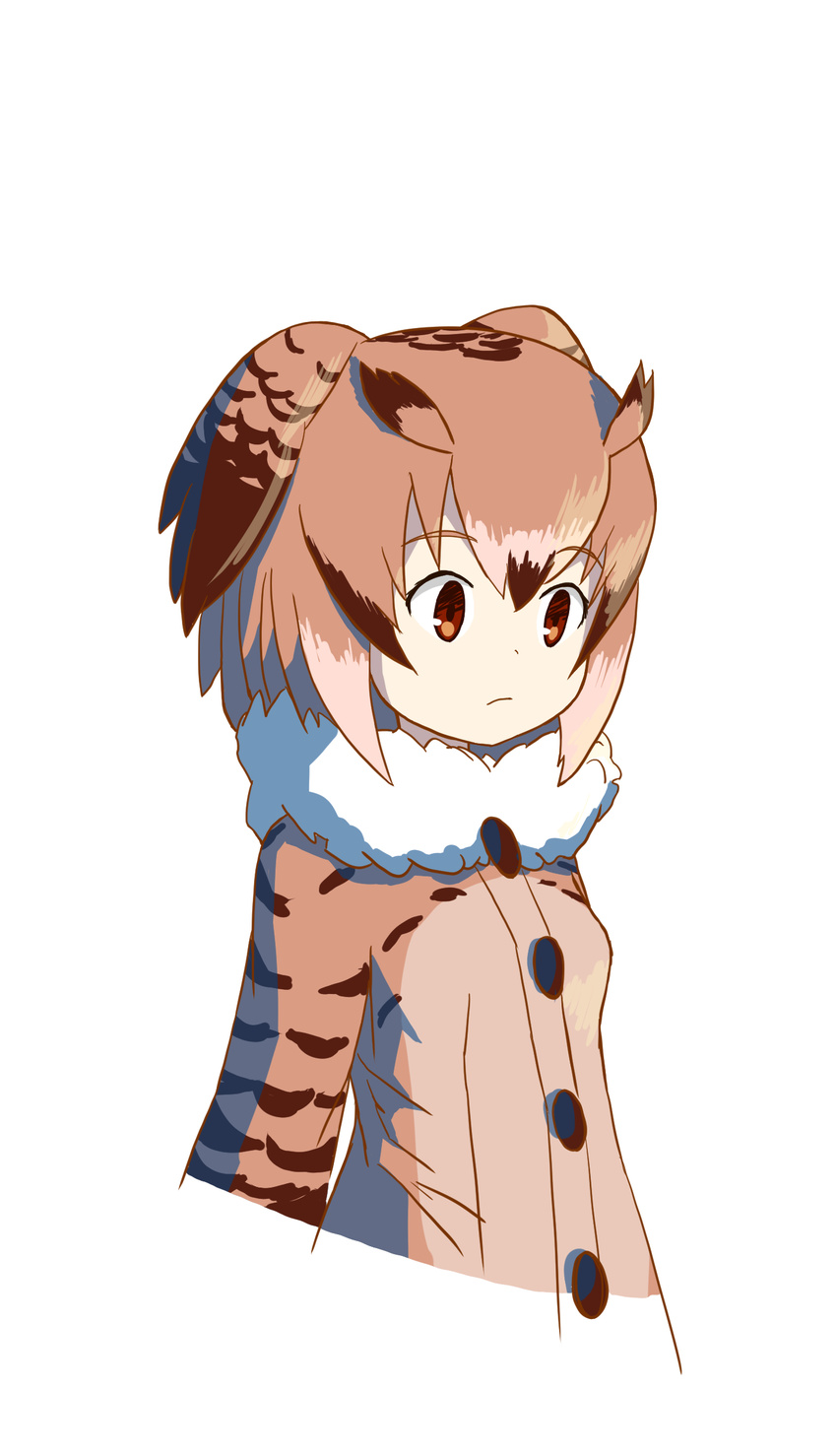 absurdres brown_coat brown_eyes brown_hair coat eurasian_eagle_owl_(kemono_friends) fur_collar head_wings highres kemono_friends long_sleeves simple_background solo uepon_(shimo_ponzu) upper_body white_background