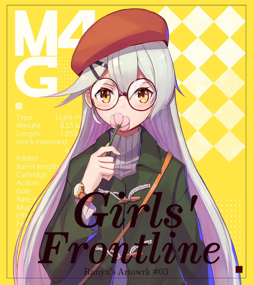 arm_at_side artist_name bangs beret bespectacled black-framed_eyewear blush character_profile checkered checkered_background commentary_request copyright_name duffel_coat english flower girls_frontline glasses green_coat hair_ornament hairclip hat highres holding holding_flower long_sleeves looking_at_viewer mg4_(girls_frontline) ranyu red_hat revision round_eyewear silver_hair smelling solo tareme turtleneck typo upper_body watch wristwatch yellow_background yellow_eyes