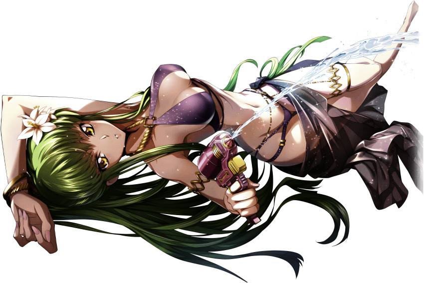 1girl absurdres aiming aiming_at_viewer arm_up armlet artist_request bare_shoulders barefoot bikini black_sarong blush breasts c.c. code_geass code_geass:_lost_stories finger_on_trigger firing full_body game_cg gold green_hair highres holding holding_water_gun jewelry knees_together_feet_apart light_blush long_hair looking_at_viewer lying medium_breasts multi-strapped_bikini_bottom multi-strapped_bikini_top navel non-web_source o-ring o-ring_bikini official_art on_back parted_lips purple_bikini resized ring sarong see-through_sarong sidelocks simple_background skindentation solo squirting_liquid stomach sweat swimsuit teeth thighlet transparent_background upscaled very_long_hair water water_gun yellow_eyes