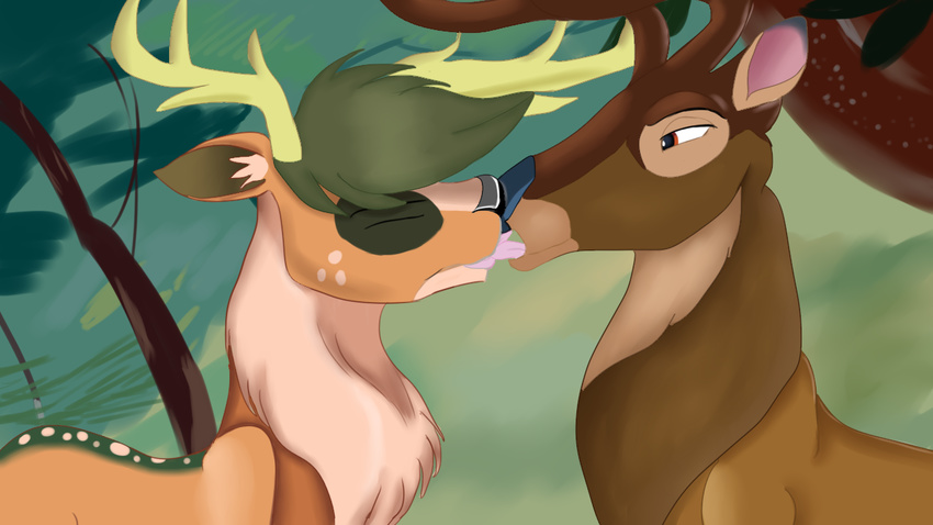 bamby cervine deer fan_character forest jacky_breeze jbond kissing male male/male mammal tree