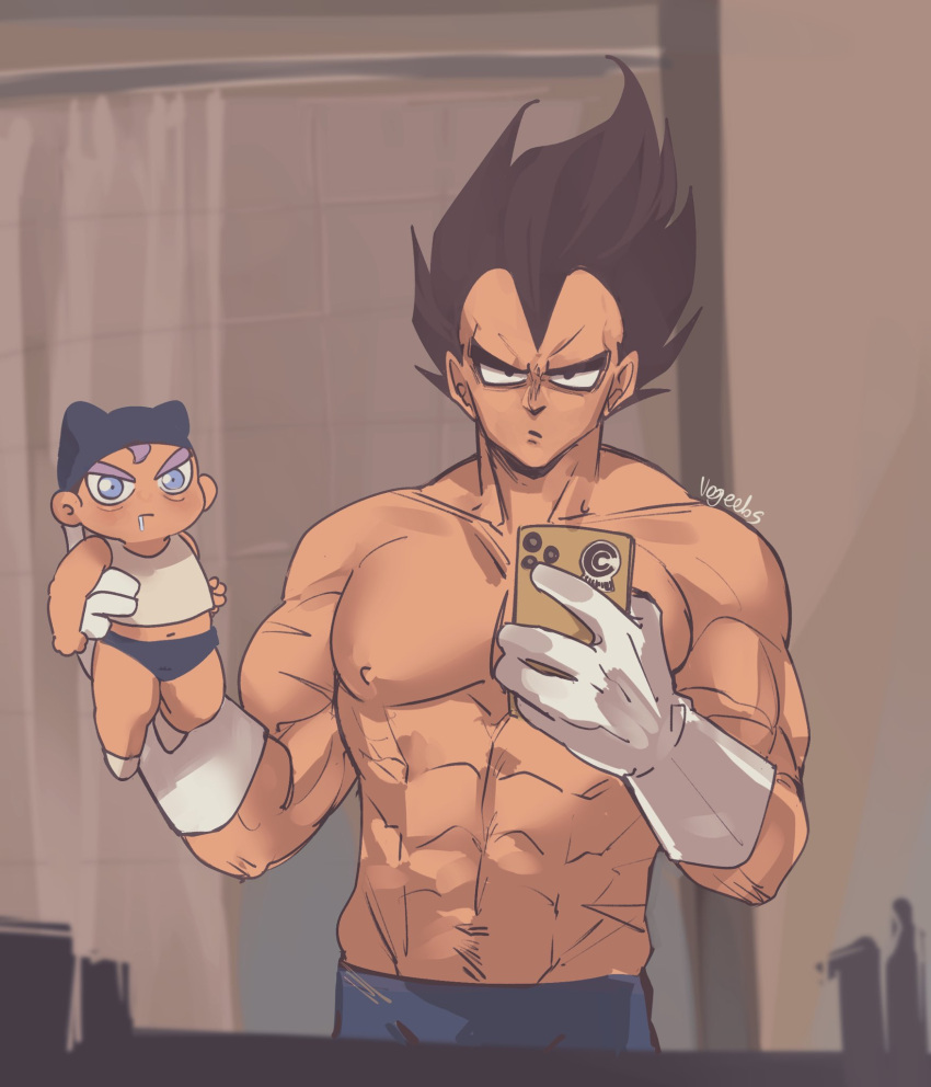 2boys abs addy_(@vegeebs) cowboy_shot dragon_ball dragon_ball_z drooling father_and_son frown highres holding holding_baby holding_phone how_to_hold_my_baby_redraw_(meme) looking_at_viewer male_focus meme mirror_image multiple_boys muscular muscular_male nipples pectorals phone photo-referenced photo_background selfie short_hair sparse_navel_hair standing topless_male trunks_(dragon_ball) vegeta