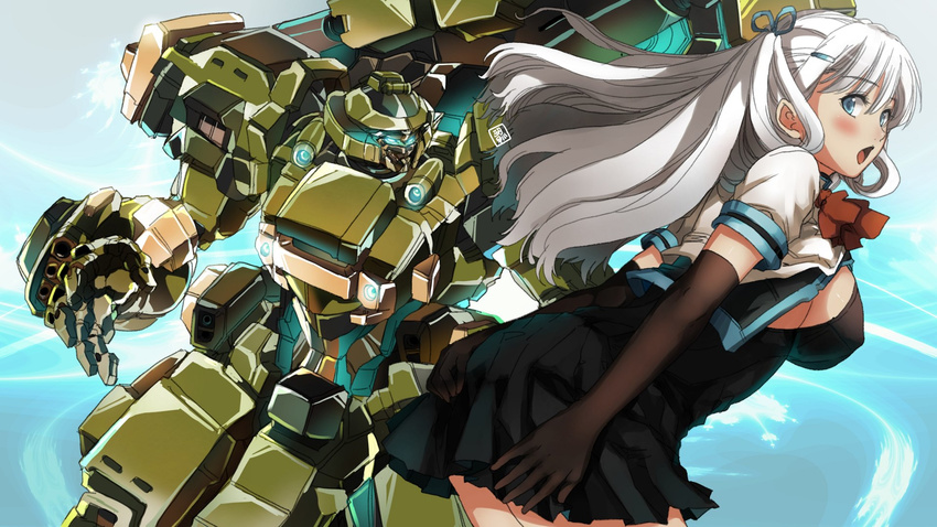 :o ass bent_over black_dress black_gloves blue_eyes blue_ribbon blush breasts covered_nipples crop_top dress elbow_gloves garimpeiro gloves hair_ornament hair_ribbon hairclip highres jacket large_breasts long_hair looking_at_viewer looking_back mecha no_bra open_clothes open_jacket original pleated_dress red_ribbon ribbon robot sideboob skirt skirt_tug solo white_hair