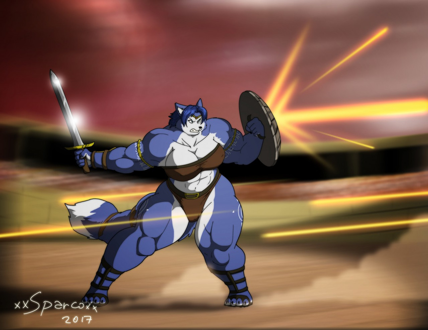 2017 abs anthro armband belly biceps big_breasts big_muscles blue_fur breasts canine cleavage clothed clothing crown female fox fur huge_breasts hyper hyper_muscles jewelry krystal looking_at_viewer mammal melee_weapon muscular muscular_female nintendo stadium star_fox sword teeth tiara video_games warrior weapon xxsparcoxx