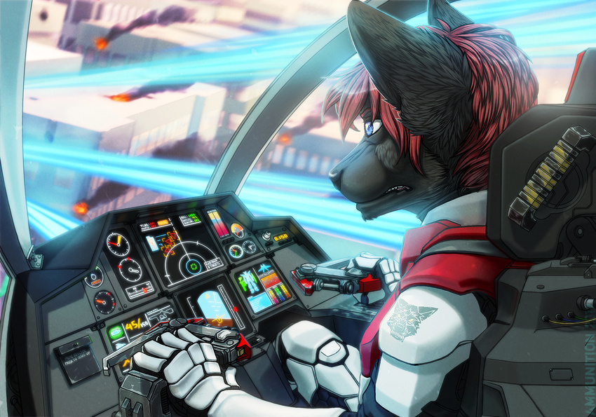 2017 5_fingers anthro armor biped black_nose building canine city clothed clothing cockpit detailed_background digital_media_(artwork) fighterjet fire fur hair machine male mammal mecha pilot sitting solo wolf