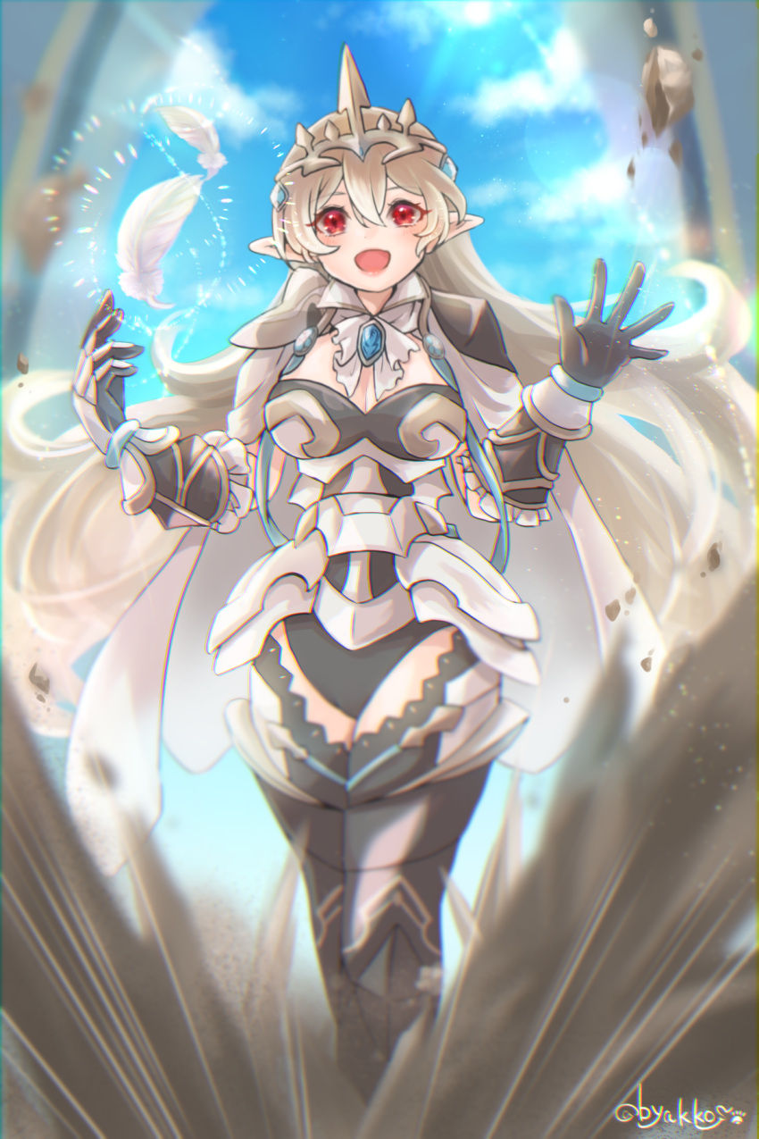 1girl armor armored_leotard black_leotard byakkos cape corrin_(female)_(fire_emblem) corrin_(female)_(silent_bloodline)_(fire_emblem) corrin_(fire_emblem) crown fire_emblem fire_emblem_fates fire_emblem_heroes floating floating_object highres leotard official_alternate_costume pointy_ears queen red_eyes shoulder_armor