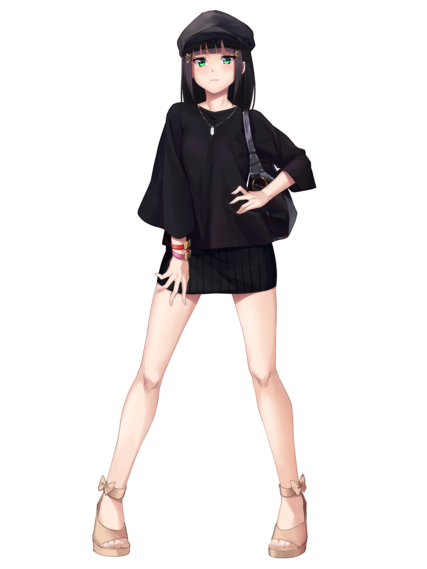 bag bangs bare_legs beret black_hair black_hat black_shirt black_skirt blunt_bangs blush casual full_body ginopi green_eyes hair_ornament hairclip hand_on_hip handbag hat highres jewelry kurosawa_dia legs_apart long_hair long_sleeves looking_at_viewer love_live! love_live!_sunshine!! miniskirt mole mole_under_mouth necklace parted_lips pendant sandals shirt shoulder_bag sidelocks simple_background skirt smile solo standing striped toes tsurime vertical-striped_skirt vertical_stripes white_background wide_sleeves wristband