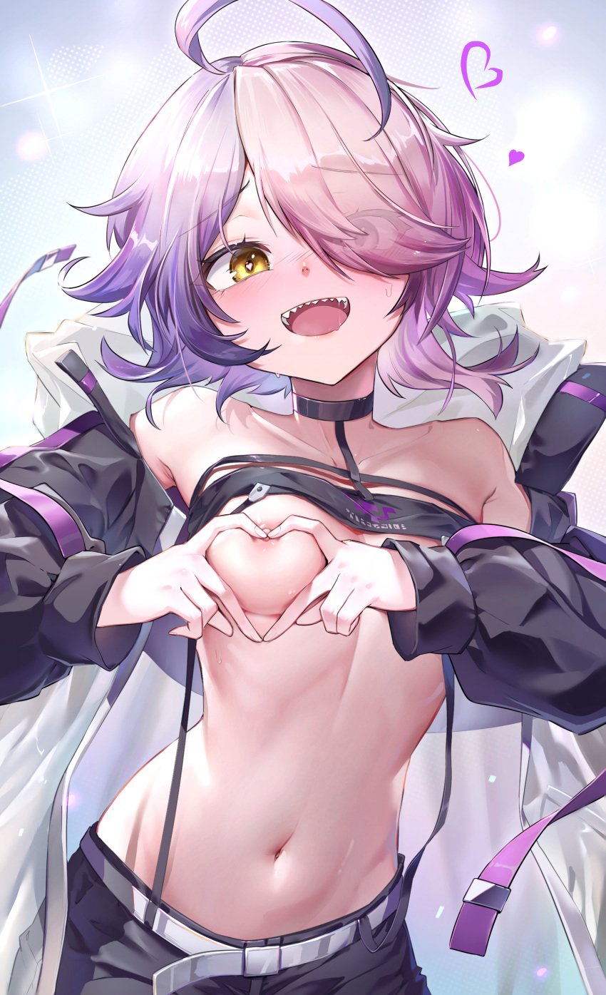 1girl :d absurdres ahoge bare_shoulders belt belt_buckle benghuai_xueyuan black_choker black_jacket black_shorts breasts buckle choker collarbone commentary_request eyes_visible_through_hair hair_over_one_eye hands_up heart heart-shaped_boob_challenge heart-shaped_pupils heart_hands highres honkai_(series) jacket long_sleeves looking_at_viewer medium_breasts multicolored_hair navel nipples off_shoulder open_clothes open_jacket pink_hair puffy_long_sleeves puffy_sleeves purple_hair saliva sharp_teeth shorts sin_mal sin_mal0909 smile solo symbol-shaped_pupils teeth two-tone_hair white_belt yellow_eyes