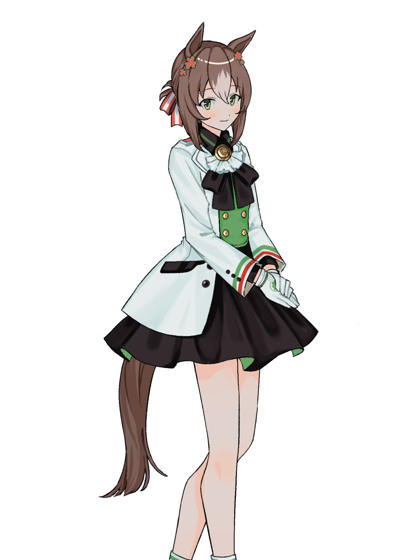 1girl animal_ears ascot black_skirt brown_hair clover clover_hair_ornament collared_shirt ear_ornament feet_out_of_frame fine_motion_(umamusume) gloves green_eyes hair_between_eyes hair_bun hair_ornament highres horse_ears horse_girl horse_tail jacket long_sleeves looking_at_viewer motibeeeee multicolored_hair own_hands_together ponytail shirt single_hair_bun skirt smile solo tail umamusume white_ascot white_background white_gloves white_hair white_jacket