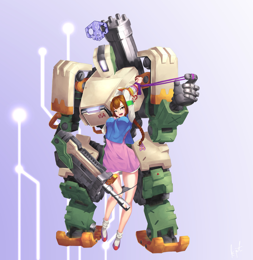 absurdres alternate_costume alternate_hairstyle arms_up bangs bastion_(overwatch) bdsm black_panties bondage bound braid breasts brown_eyes brown_hair bunny_hair_ornament commentary d.va_(overwatch) distress facial_mark full_body gatling_gun gradient gradient_background gun hair_ornament hanbok highres korean_clothes long_hair long_sleeves looking_at_another looking_at_viewer looking_down medium_breasts mute_(c20029) open_mouth overwatch palanquin_d.va panties panty_pull pink_skirt purple_background restrained robot shoes skirt skull socks standing striped_sleeves teeth traditional_clothes underwear weapon whisker_markings white_legwear