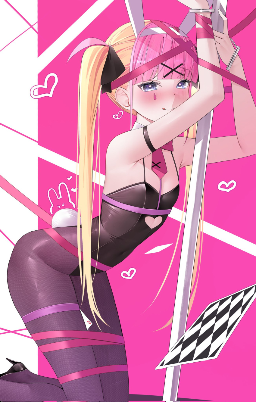 1girl :q ace_(playing_card) animal_ears armlet armpit_peek arms_up bare_shoulders black_footwear black_leotard black_ribbon blonde_hair blue_eyes blunt_bangs blush card card_between_legs clothing_cutout corrupted_twitter_file covered_navel cuffs detached_collar fake_animal_ears fake_tail feet_out_of_frame flat_chest from_side hair_ornament hair_ribbon half-closed_eyes handcuffs heart heart_background heart_cutout heart_in_eye high_heels highres indie_virtual_youtuber kneeling kyoresu leotard long_hair looking_at_viewer multicolored_hair necktie nose_blush pantyhose pink_background pink_hair pink_necktie playboy_bunny playing_card pole purple_pantyhose rabbit_ears rabbit_hole_(vocaloid) rabbit_tail ribbon second-party_source sidelocks solo spaghetti_strap stomach_cutout straight_hair stripper_pole symbol_in_eye tail teardrop_facial_mark tie_clip tongue tongue_out tsurime twintails two-tone_background two-tone_hair unworn_ribbon very_long_hair virtual_youtuber white_background white_tail x_hair_ornament yuuki02