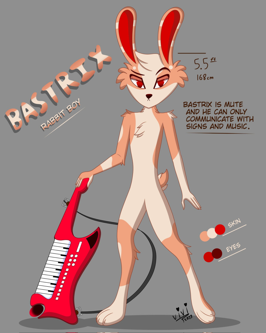 anthro bastrix_(vivzlover) brown_body brown_hair english_text grey_background hair hi_res lagomorph leporid male mammal musical_instrument rabbit red_eyes scut_tail short_tail simple_background solo tail text vivzlover