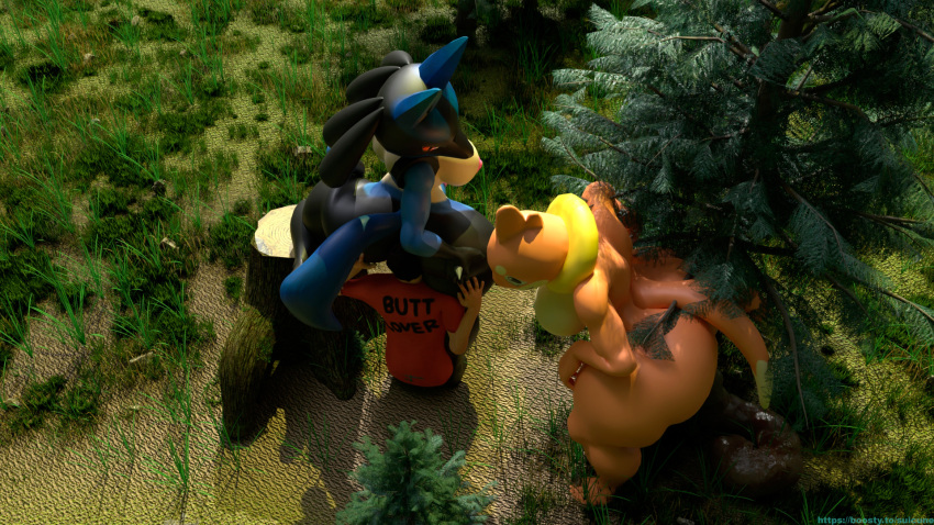 16:9 anthro big_butt buizel butt facesitting feces female forest generation_4_pokemon hi_res lucario male male/female nintendo plant pokemon pokemon_(species) pooping scat sitting_on_another suicune_queen_(artist) tree wide_hips widescreen