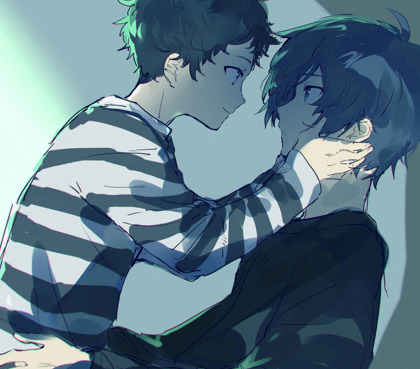 2boys absurdres black_hair black_sweater blue_eyes blue_hair closed_mouth eye_contact from_side hands_on_another's_cheeks hands_on_another's_face highres long_sleeves looking_at_another male_focus multiple_boys persona persona_3 pharos prison_clothes profile room_rem simple_background sweater upper_body yaoi yuuki_makoto_(persona_3)