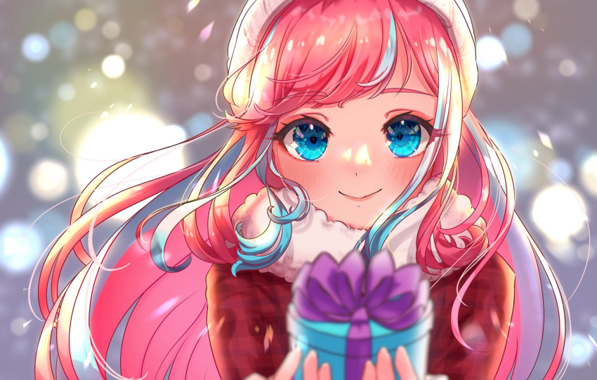 1girl blue_eyes blue_hair blurry blurry_background blush bokeh box closed_mouth commentary_request depth_of_field gift gift_box hat hibino_matsuri hibino_matsuri_(primagista) highres holding holding_gift incoming_gift long_hair looking_at_viewer moukinui multicolored_hair pink_hair pretty_series smile solo streaked_hair upper_body waccha_primagi! winter_clothes