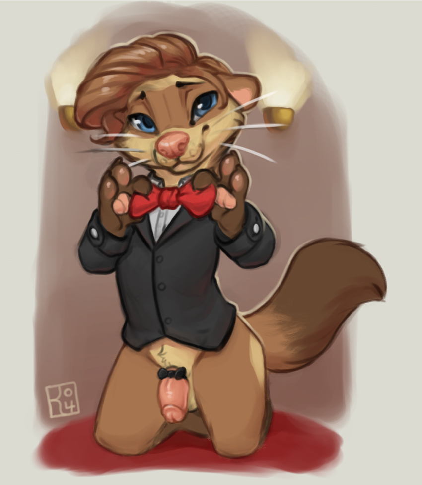 balls barnaby_kane bedroom_eyes bottomless bow_tie butler clothed clothing cock_ring ferret flaccid half-closed_eyes happy kneeling male mammal mustelid naughty_face partially_clothed penis pink_nose pinup pose red_carpet reign-2004 seductive solo suit whiskers