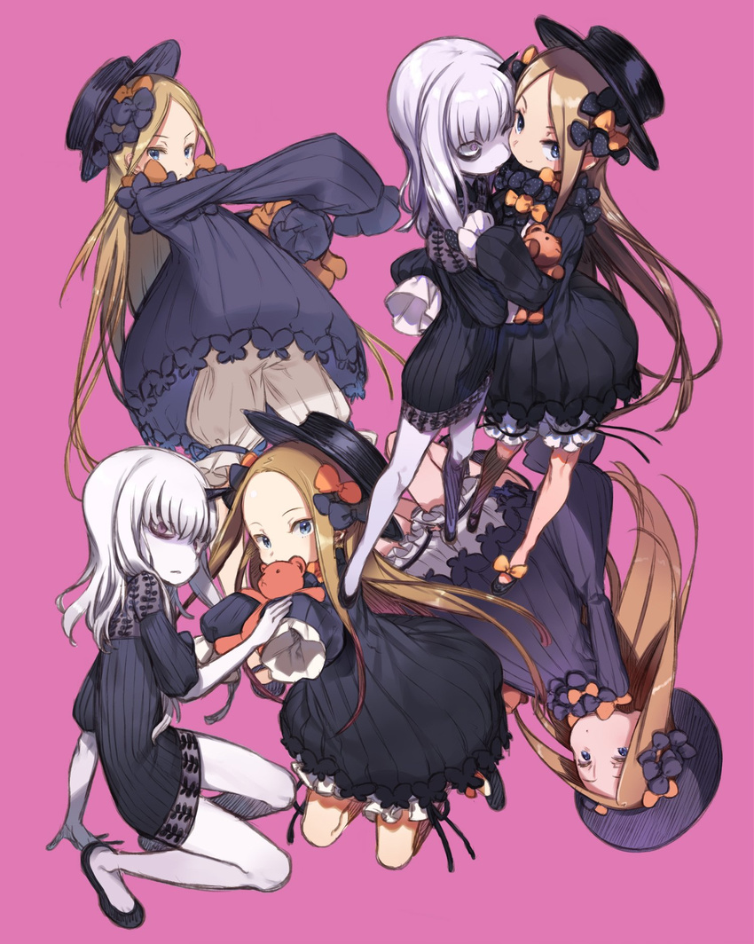 abigail_williams_(fate/grand_order) amana_(pocketkey) bags_under_eyes bangs black_bow black_dress black_footwear black_hat blonde_hair bloomers blue_eyes bow bug butterfly closed_mouth commentary_request covered_mouth dress fate/grand_order fate_(series) hair_between_eyes hair_bow hat highres insect lavinia_whateley_(fate/grand_order) long_hair long_sleeves looking_at_viewer multiple_girls multiple_views object_hug orange_bow pale_skin parted_bangs pink_background pink_eyes polka_dot polka_dot_bow shoes simple_background sleeves_past_wrists smile stuffed_animal stuffed_toy teddy_bear underwear upside-down v-shaped_eyebrows very_long_hair white_bloomers white_hair