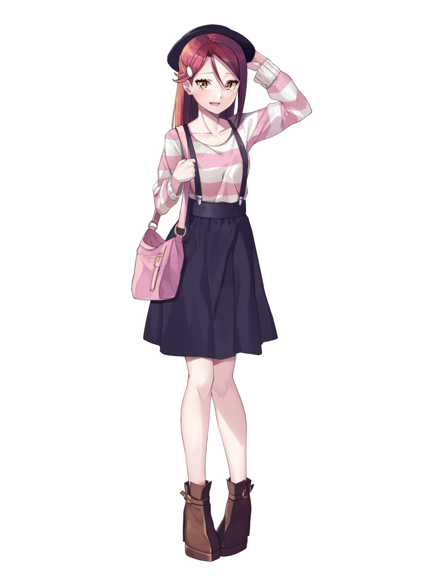 :d adjusting_clothes adjusting_hat ankle_boots bag black_hat black_skirt blush boots brown_eyes brown_footwear casual collarbone fedora full_body ginopi hair_between_eyes hair_ornament hairclip hand_on_headwear handbag hat highres long_hair long_sleeves looking_at_viewer love_live! love_live!_sunshine!! no_socks open_mouth pigeon-toed red_hair sakurauchi_riko shirt shoulder_bag simple_background skirt smile solo standing straight_hair striped striped_shirt suspender_skirt suspenders white_background