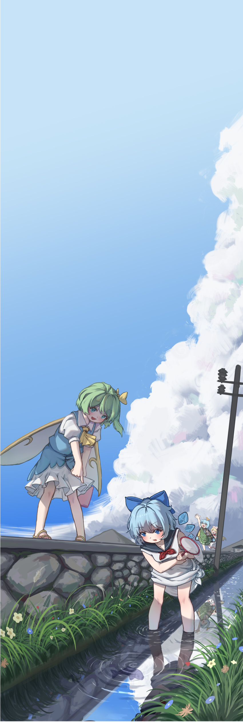 4girls absurdres antennae aqua_hair arm_up black_sailor_collar blonde_hair blue_bow blue_eyes blue_hair blush bow butterfly_wings cirno closed_eyes cloud cloudy_sky collared_shirt daiyousei day detached_wings dress eternity_larva fairy fairy_wings green_dress green_eyes green_hair hair_bow hat highres ice ice_wings incredibly_absurdres insect_wings lily_white long_hair multicolored_clothes multicolored_dress multiple_girls open_mouth outdoors puffy_short_sleeves puffy_sleeves rangque_(user_vjjs4748) river sailor_collar sailor_dress shirt short_hair short_sleeves side_ponytail sky sleeveless sleeveless_dress smile touhou water white_dress white_hat white_shirt wings