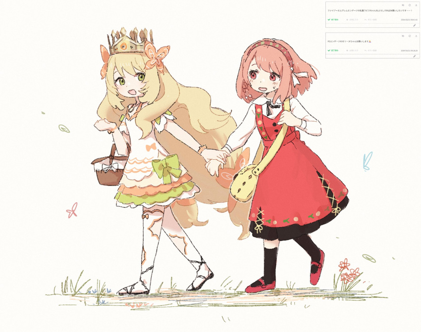 2girls aged_down alternate_costume bow braid butterfly_hair_ornament celine_(fire_emblem) crown dress dress_bow fire_emblem fire_emblem_engage grey_hairband hair_ornament hairband highres lapis_(fire_emblem) multiple_girls nendo23 orange_bow orange_gemstone orange_wristband pink_eyes pink_hair princess red_dress red_hairband ribbon side_braid two-tone_hairband white_ribbon wrist_bow yellow_dress