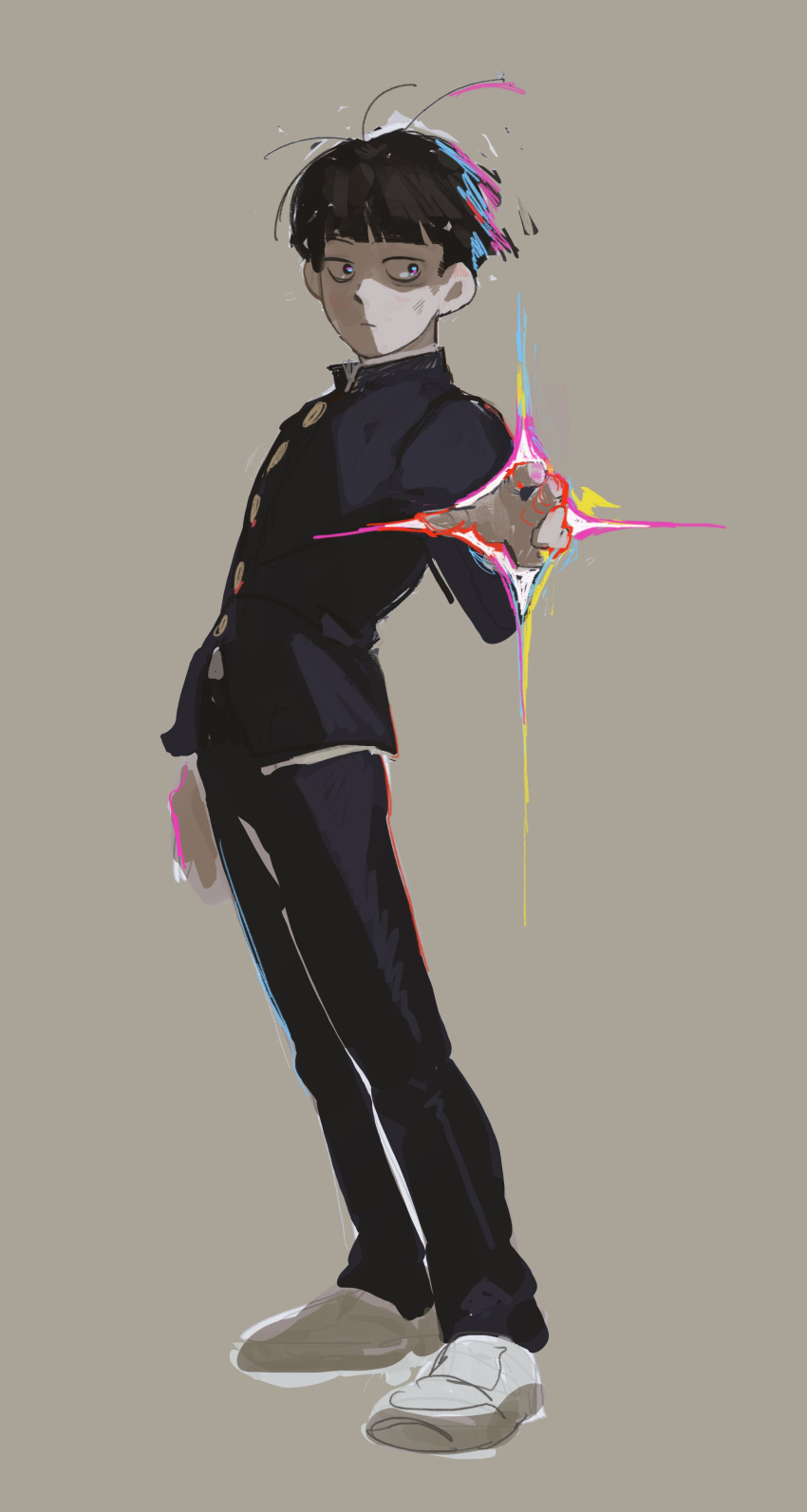1boy :/ absurdres arm_at_side black_eyes black_hair blunt_bangs bowl_cut brown_background buttons closed_mouth energy from_side full_body gakuran glowing glowing_eyes hand_up highres honeyoink_draw jacket kageyama_shigeo long_sleeves looking_to_the_side loose_hair_strand male_focus mob_psycho_100 pants school_uniform short_hair simple_background solo sparkle standing white_footwear