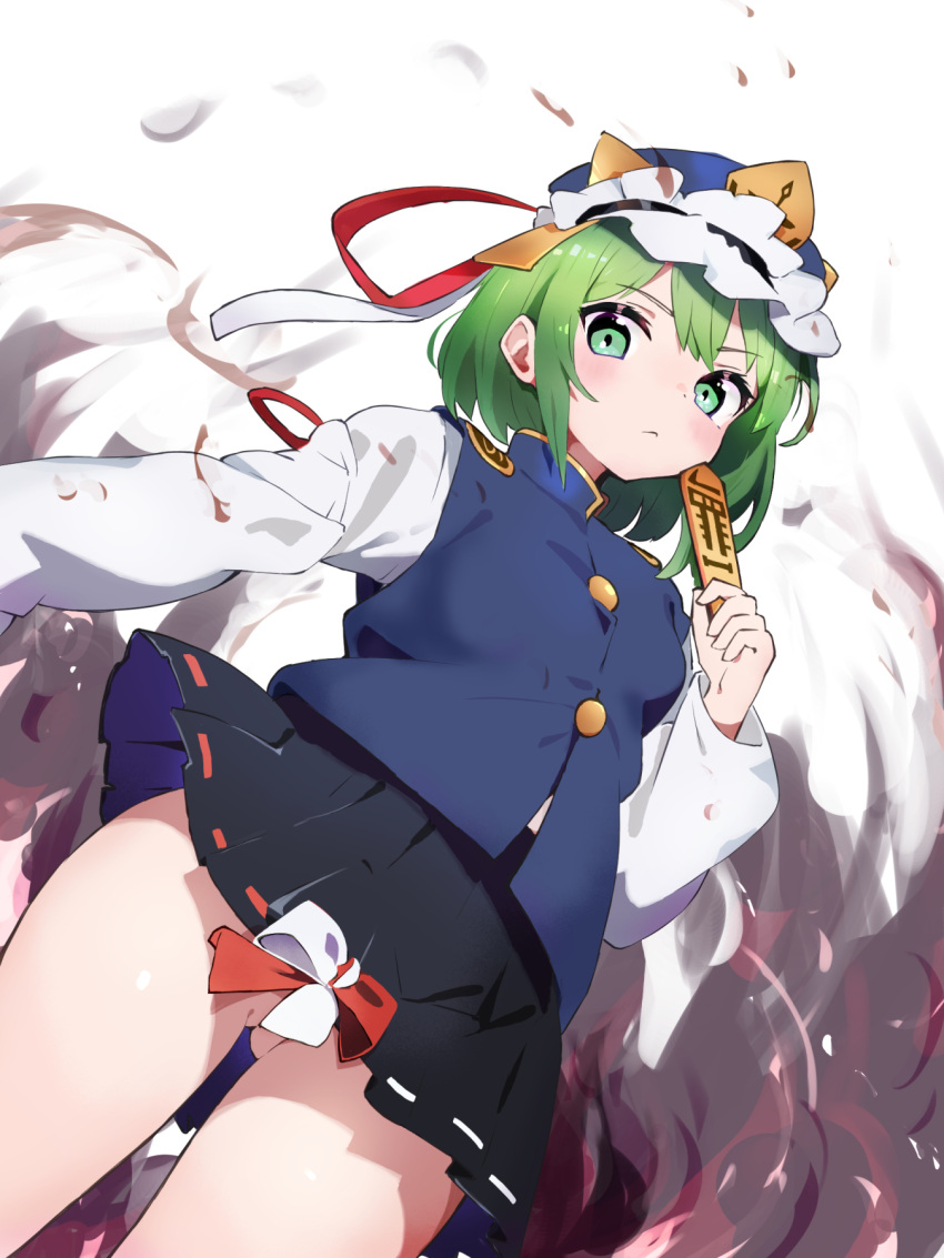 1girl ass_visible_through_thighs black_skirt blue_hat blue_vest blush chikuzen1996 closed_mouth cowboy_shot frilled_hat frills green_eyes green_hair hat highres long_sleeves looking_at_viewer pleated_skirt rod_of_remorse shiki_eiki shirt short_hair skirt solo touhou vest white_shirt