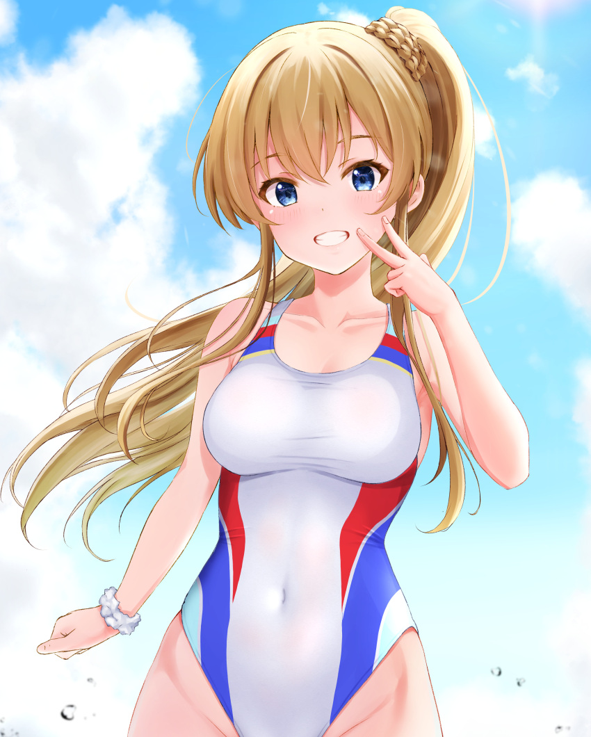 1girl absurdres blue_eyes blue_sky breasts brown_hair ca_paria cloud collarbone commentary_request competition_swimsuit covered_navel day grin groin gyaru_v hair_between_eyes hand_up highleg highleg_swimsuit highres idolmaster idolmaster_million_live! kousaka_umi large_breasts light_blush long_hair looking_at_viewer one-piece_swimsuit outdoors ponytail scrunchie sidelocks sky smile solo swimsuit teeth v water_drop white_one-piece_swimsuit wrist_scrunchie