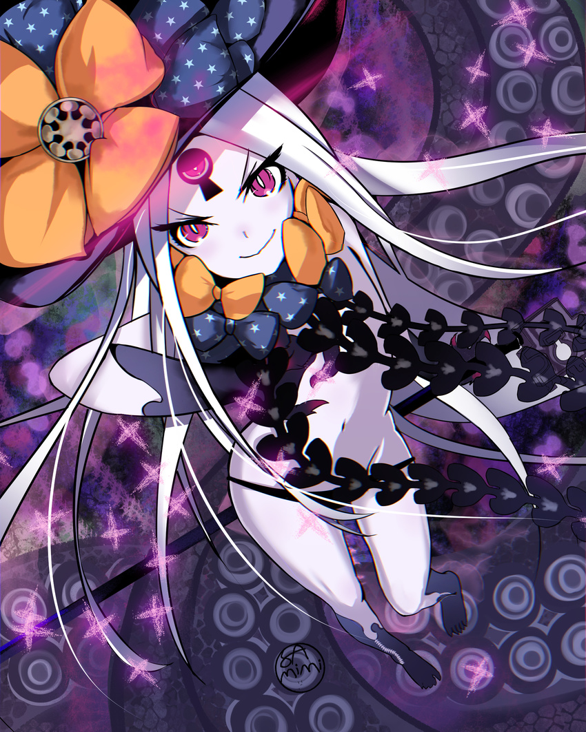 abigail_williams_(fate/grand_order) absurdres black_bow black_panties bow fate/grand_order fate_(series) from_above grey_hair hat highres keyhole long_hair looking_at_viewer looking_up navel orange_bow pale_skin panties purple_eyes samimitan smile solo star star_print tentacles third_eye underwear very_long_hair witch_hat