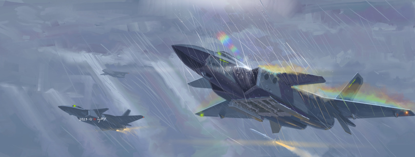 absurdres afterburner air-to-air_missile aircraft airplane chinese_commentary cloud fighter_jet highres j-20 jayatn_ljzcy jet military_vehicle no_humans original people's_liberation_army people's_liberation_army_air_force rain rainbow scenery vehicle_focus
