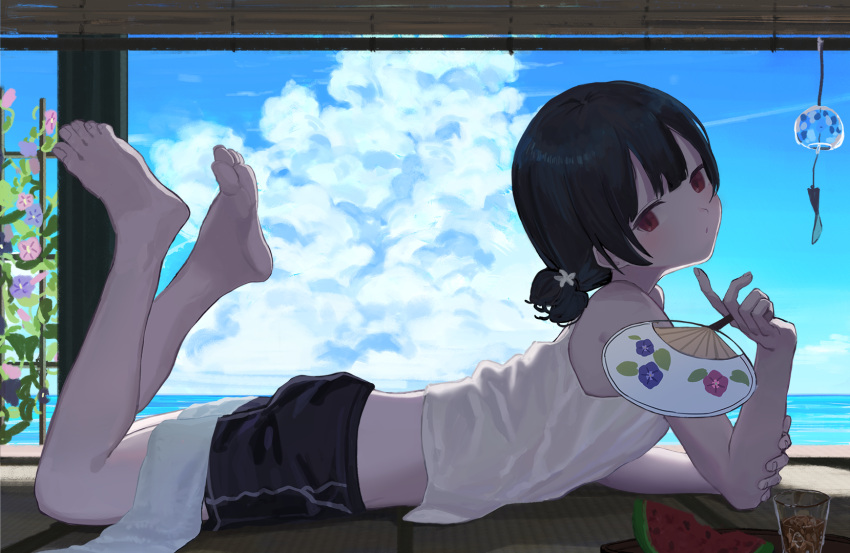 1girl barefoot black_hair black_shorts blue_sky cloud conari contrail cumulonimbus_cloud cup day drinking_glass feet feet_up flower food fruit full_body hair_bun hand_fan highres holding holding_fan horizon ice ice_cube idolmaster idolmaster_shiny_colors legs_up looking_at_viewer looking_to_the_side lying morino_rinze morning_glory ocean on_stomach outdoors paper_fan purple_flower red_eyes shirt short_hair shorts shouji single_hair_bun sky sliding_doors soles solo summer tank_top the_pose toes towel uchiwa watermelon watermelon_slice white_shirt wind_chime
