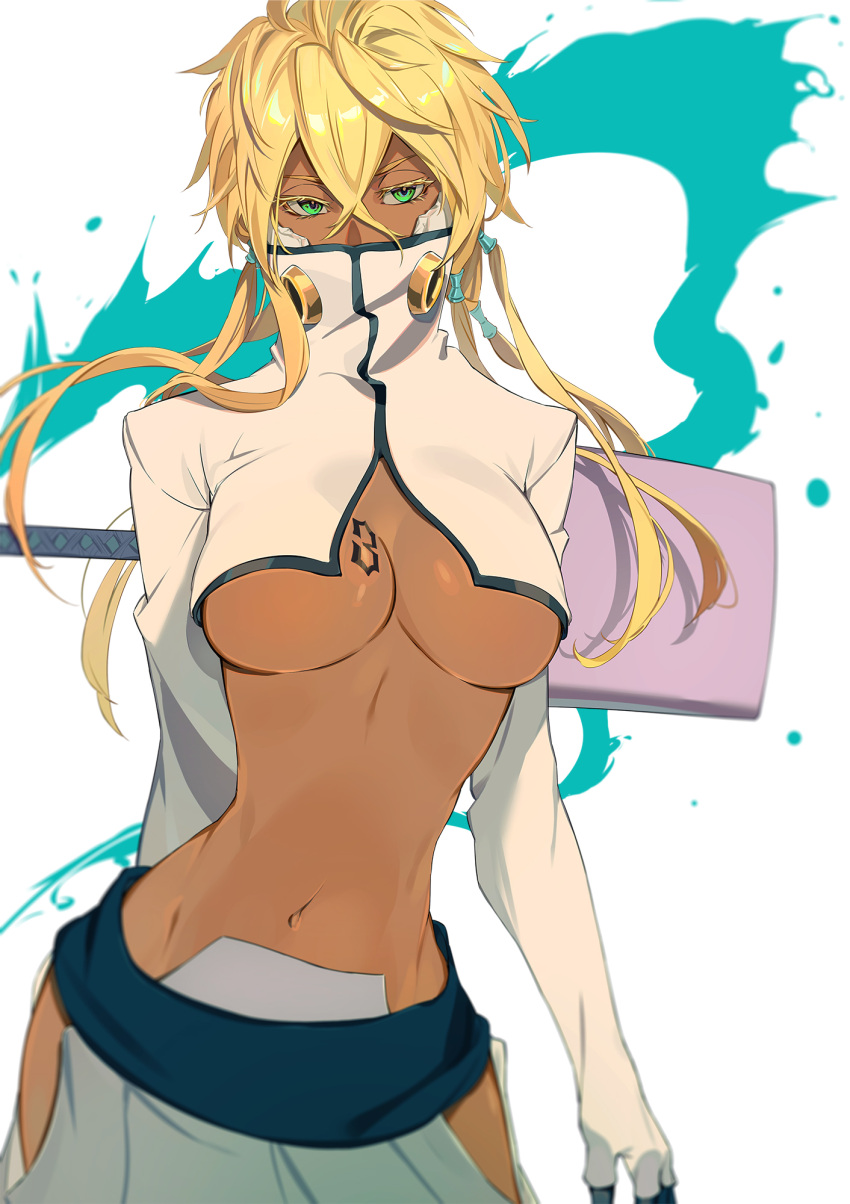 1girl arrancar bleach blonde_hair breast_tattoo breasts dark-skinned_female dark_skin green_eyes highres ibaraki_shun long_hair number_tattoo revealing_clothes skull_on_head solo sword tattoo tier_harribel underboob weapon