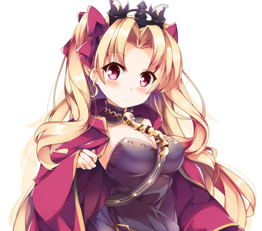bangs between_breasts black_dress blonde_hair blush bow breasts cape closed_mouth commentary_request detached_collar dress earrings ereshkigal_(fate/grand_order) eyebrows_visible_through_hair fate/grand_order fate_(series) fuuna hair_bow head_tilt highres infinity jewelry large_breasts long_hair looking_at_viewer necklace parted_bangs pink_eyes purple_bow red_cape simple_background skull solo spine tiara two_side_up very_long_hair white_background