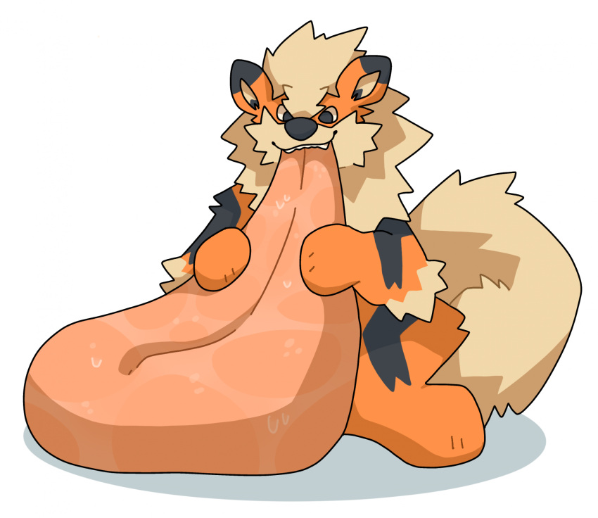 arcanine big_tongue black_body black_fur bodily_fluids digital_media_(artwork) fur generation_1_pokemon hi_res holding_tongue hyper hyper_tongue long_tongue nintendo orange_body orange_fur pechaberry pokemon pokemon_(species) saliva simple_background sitting smile tongue tongue_out white_background