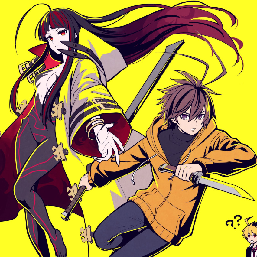 1girl 2boys ahoge black_hair black_skin blonde_hair breasts brown_eyes brown_hair colored_skin fingernails genderswap genderswap_(ftm) genderswap_(mtf) highres hime_cut hood hoodie huge_ahoge jacket kido_hyde knife kuon_(under_night_in-birth) linne long_hair multicolored_clothes multicolored_hair multicolored_jacket multicolored_skin multiple_boys open_mouth red_eyes red_hair reverse_grip school_uniform sharp_fingernails short_hair small_breasts sword tb_(spr1110) two-tone_hair under_night_in-birth under_night_in-birth_2_sys:celes weapon yellow_hoodie