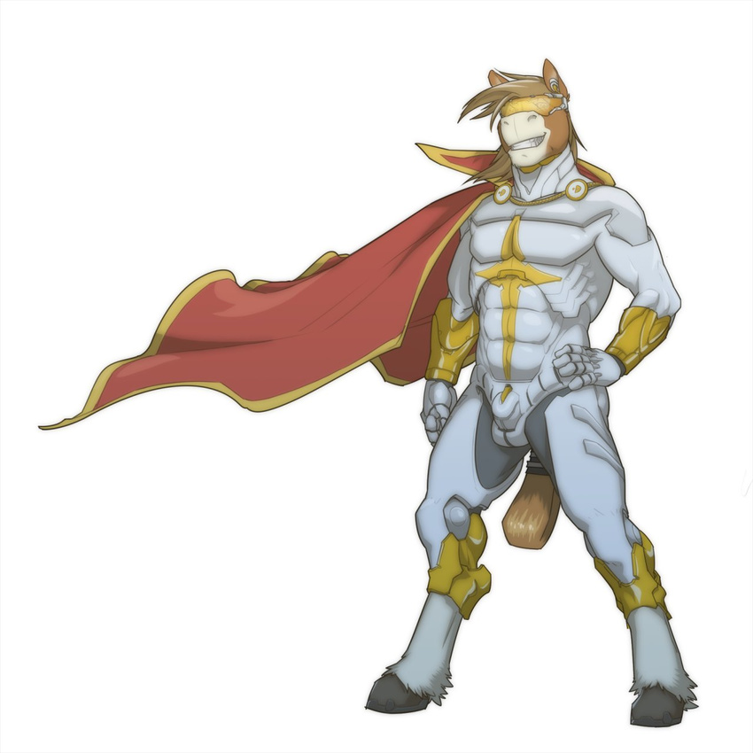 abs anthro armor bulge cape clothing equine grin horse male mammal manly muscular pose simple_background smile smug solo superhero white_background