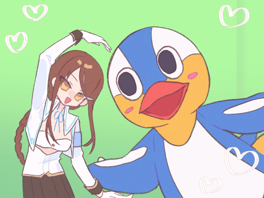 1girl :d animal_costume armband bird black_skirt braid breasts brown_eyes brown_hair duck gloves green_background hair_ornament hairclip hamedori-kun heart heart_arms heart_arms_duo highres kkmrasas long_hair mascot mascot_costume nukigee_mitai_na_shima_ni_sunderu_watashi_wa_dou_surya_ii_desu_ka? open_mouth shirt sidelocks skirt smile tadasugawa_rei very_long_hair white_gloves white_shirt