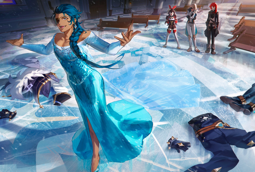 2boys 2girls absurdres alternate_hairstyle amber_(genshin_impact) arms_at_sides bare_shoulders blonde_hair blue_eyes blue_hair boots braid breath brown_hair cosplay dangle_earrings dark-skinned_male dark_skin diluc_(genshin_impact) dress earrings elsa_(frozen) elsa_(frozen)_(cosplay) english_commentary eyepatch facepalm fangs fisheye frozen_(disney) genshin_impact gloves hand_on_own_face high_heels highres ice indoors jacket jean_(genshin_impact) jewelry kaeya_(genshin_impact) legs_apart long_braid long_dress long_hair long_sleeves looking_at_another looking_up multiple_boys multiple_girls off-shoulder_dress off_shoulder one_eye_covered open_mouth pants red_hair shoes shorts smile srro_yo standing thigh_boots unworn_clothes very_long_hair walking |_|