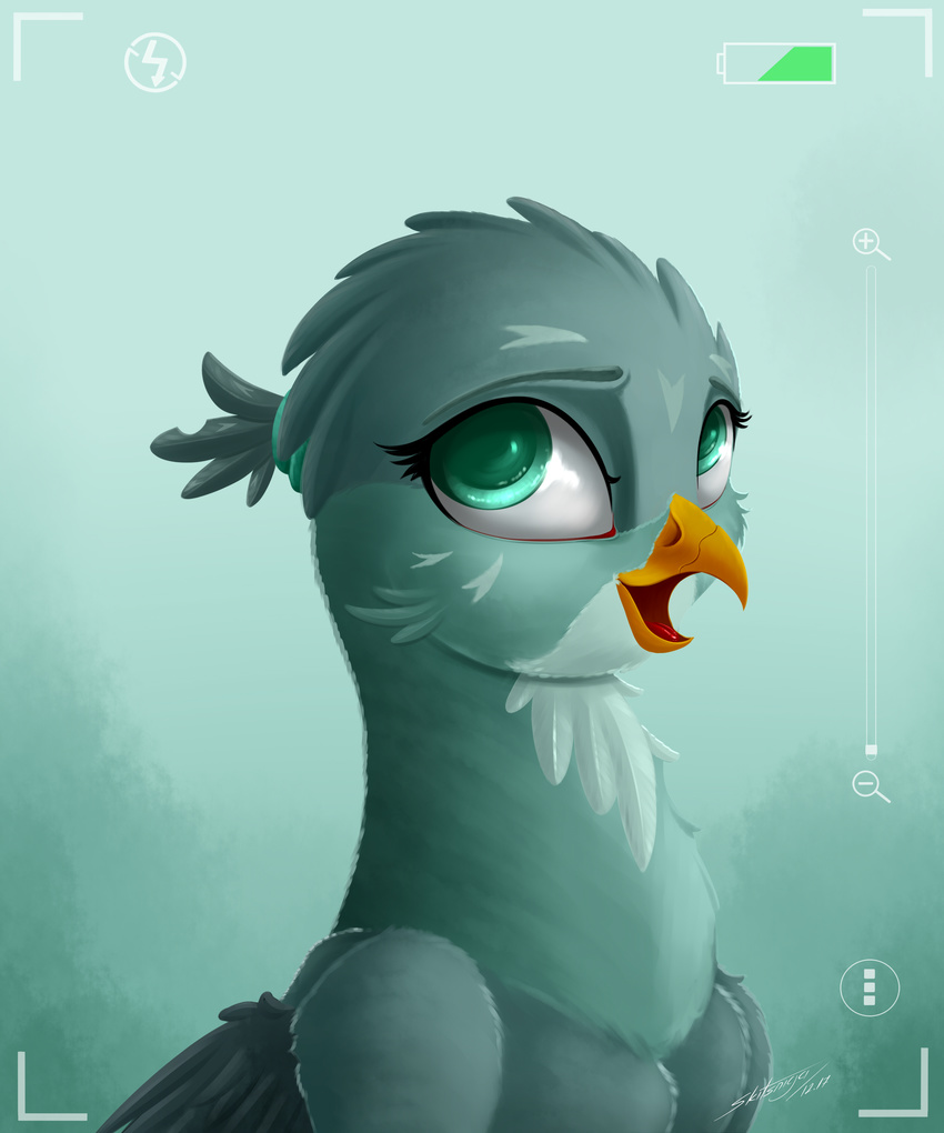 2017 avian camera cute eyebrows eyelashes feathered_wings feathers female friendship_is_magic gabby_(mlp) gryphon hi_res my_little_pony open_mouth photo portrait pose skitsniga smile solo teal_eyes wings