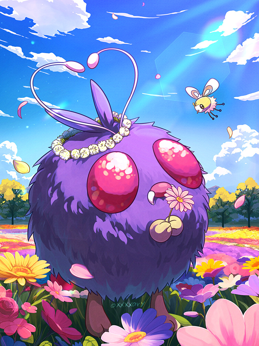 cloud commentary_request cutiefly day fangs field flower flower_field highres holding lens_flare no_humans outdoors petals pink_eyes pokemon pokemon_(creature) sky tree venonat wreath xxxxay