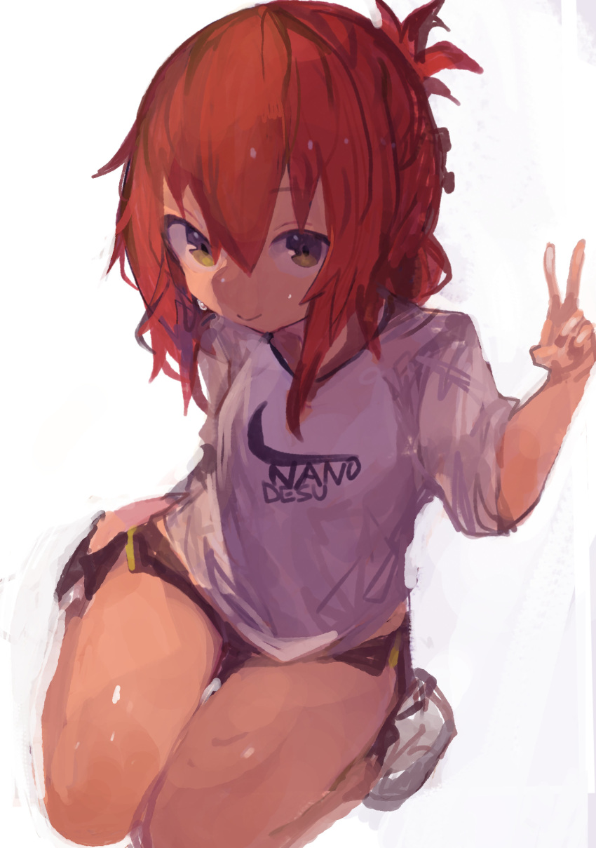 1girl absurdres brown_hair clothes_writing folded_ponytail hair_between_eyes highres inazuma_(kancolle) kaamin_(mariarose753) kantai_collection looking_at_viewer nanodesu_(phrase) red_hair shirt shoes short_shorts shorts simple_background sitting smile solo thighs v white_background white_shirt yellow_eyes