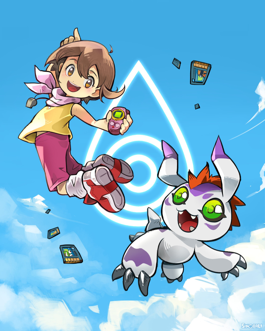 1girl absurdres bandana bandana_around_neck brown_hair cloud digimon digimon_adventure digimon_frontier digimon_xros_wars digivice emblem english_commentary fangs gomamon green_eyes highres midair mohawk numemon pink_bandana pink_shorts red_footwear red_hair shirt shoes short_hair shorts sinobali sky sleeveless sleeveless_shirt whistle whistle_around_neck white_fur yagami_hikari yellow_shirt